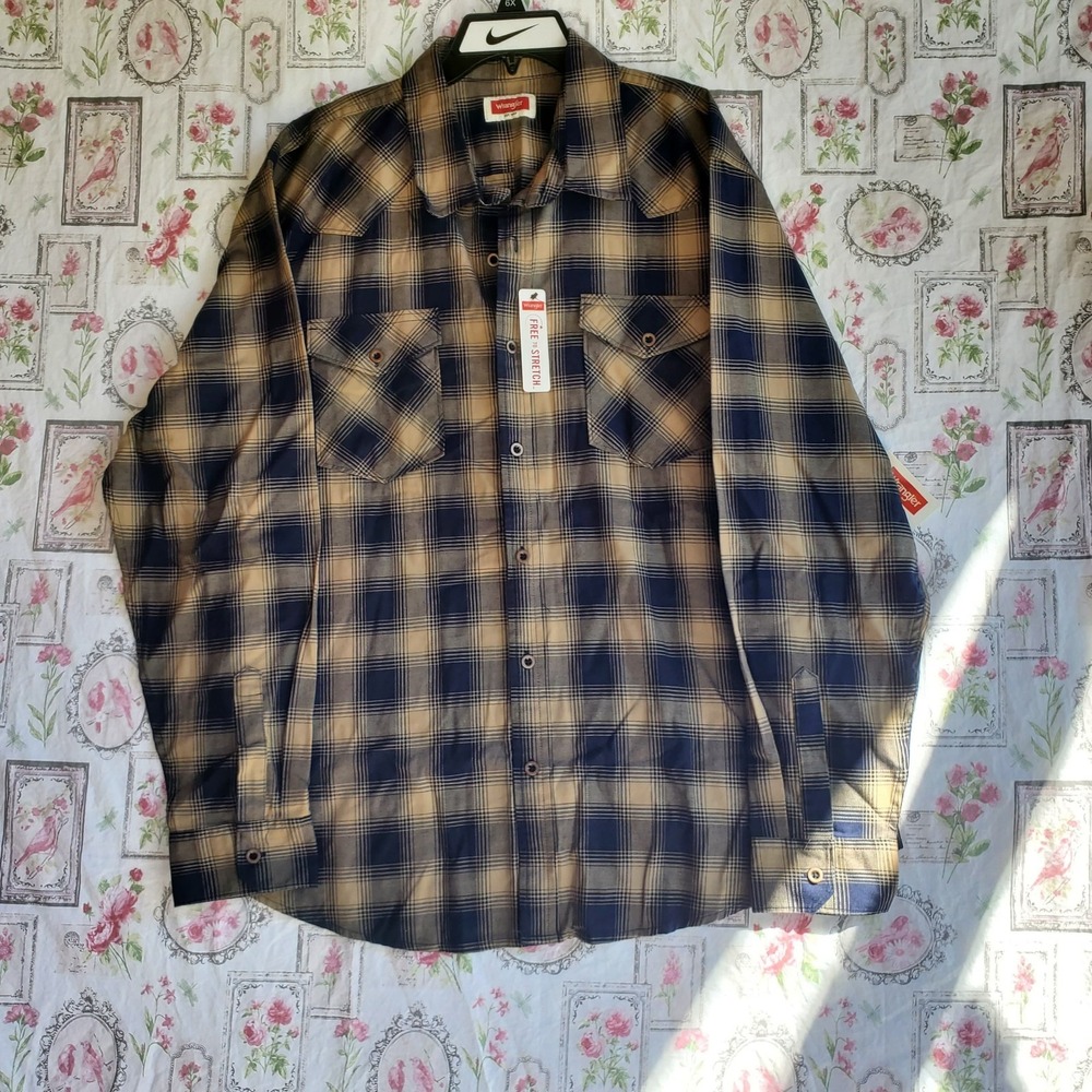 Wrangler Men's Black & Tan Plaid Flannel Shirt‎ Long Sleeve Button Down Size XL